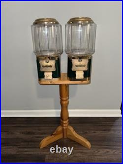 Vintage Double Barrel Wood Stand Gumball Candy Nut Vending Machine Collectable