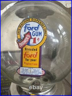 Vintage Ford Gum Ball Machine Penny Glass Silver 1 One Cent Globe