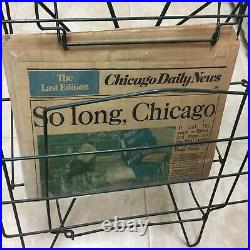 Vintage Newspaper Machine Stand Box Metal Wire Green Chicago Coin Double Rack