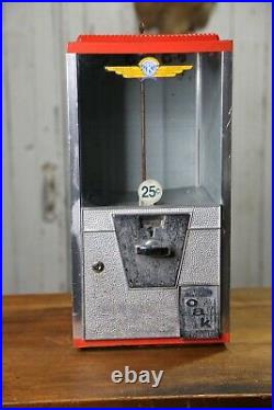 Vintage Oak 25 Cent Vending Machine Toy prize premium gumboil machine with key