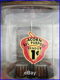 Vintage Oak Acorn One Cent Metal & Glass Gumball Machine, Nice! 1950's
