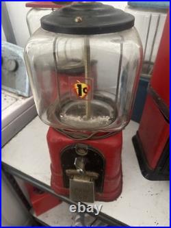 Vintage Oak Acorn One Cent Red Gumball Candy Vending Machine No Key