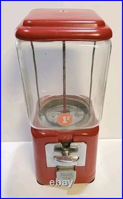Vintage Oak Acorn One Cent Red Gumball Candy Vending Machine No Key