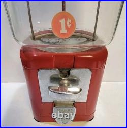 Vintage Oak Acorn One Cent Red Gumball Candy Vending Machine No Key