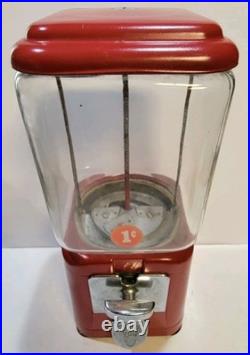 Vintage Oak Acorn One Cent Red Gumball Candy Vending Machine No Key