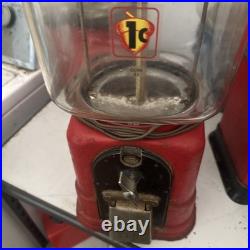 Vintage Oak Acorn One Cent Red Gumball Candy Vending Machine No Key