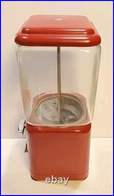 Vintage Oak Acorn One Cent Red Gumball Candy Vending Machine No Key