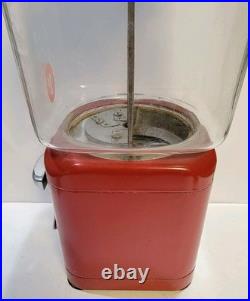 Vintage Oak Acorn One Cent Red Gumball Candy Vending Machine No Key