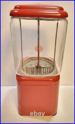 Vintage Oak Acorn One Cent Red Gumball Candy Vending Machine No Key