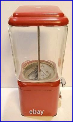Vintage Oak Acorn One Cent Red Gumball Candy Vending Machine No Key