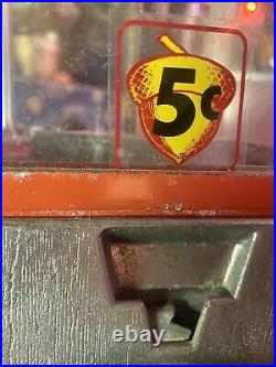Vintage Oak Mfg Co. Gumball Vending Machine 5 Cents No Key Los Angeles Metal Red