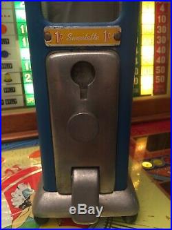 Vintage One Cent Penny SWEETETT Vending Gum Machine Original Blue Paint with key