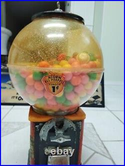 Vintage PENNY 1 CENT GUMBALL GUM VENDING VENDOR MACHINE Red With Key And Prizes