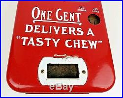 Vintage Pulver Chewing Gum Machine One Cent Coin Op Vending Red Porcelain Enamel