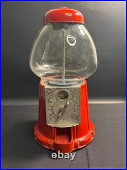 Vintage Red Metal Gumball Candy Machine Coin-Crank Glass Globe Vending Dispenser