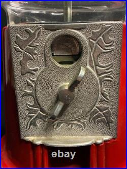 Vintage Red Metal Gumball Candy Machine Coin-Crank Glass Globe Vending Dispenser