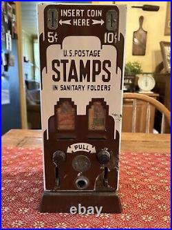 Vintage US Postage 5 & 10 Cent Stamp Vending Machine with Porcelain Front