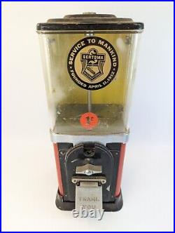 Vintage VVC 80 Victor Vending Co Gumball Machine 1-Cent Red Yellow Works READ