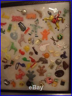 Vintage Vending Toy Gumball Cracker Jack Prize Charm Trinkets with Display Case
