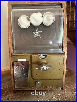 Vintage Victor Vending Corp Wooden Oak Toy Gumball Candy Machine. 25 Cent