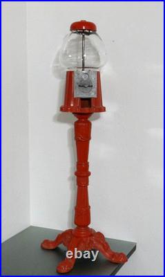 Vtg Acorn Gumball Bank Machine with red ornate cast stand floor-top cap 39 tall