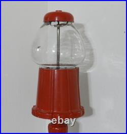 Vtg Acorn Gumball Bank Machine with red ornate cast stand floor-top cap 39 tall