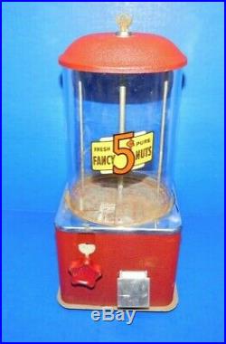 Vtg Antique Red Crackle Paint Fancy Nuts 5 Cent Gumball Vending Machine 1 Key