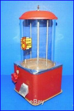 Vtg Antique Red Crackle Paint Fancy Nuts 5 Cent Gumball Vending Machine 1 Key