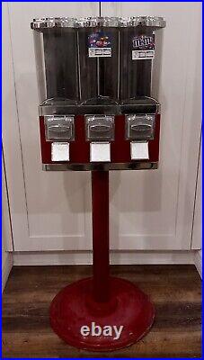 Vtg PAT PENDING Triple Head Candy Gumball Vending Machine Quarter Stand Burgundy