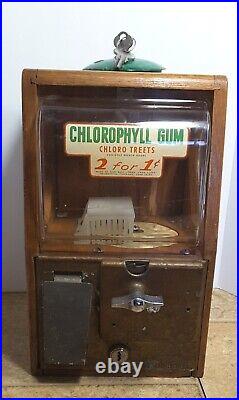 Vtg Wooden 1 Cent Chlorophyll Gum Vending Machine Victor w Keys Works Baby Grand